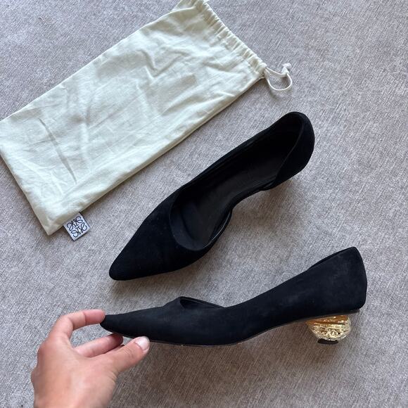 Authentic Loewe Walnut-heel Suede Kitten-heel Black Pumps - Picture 1 of 5